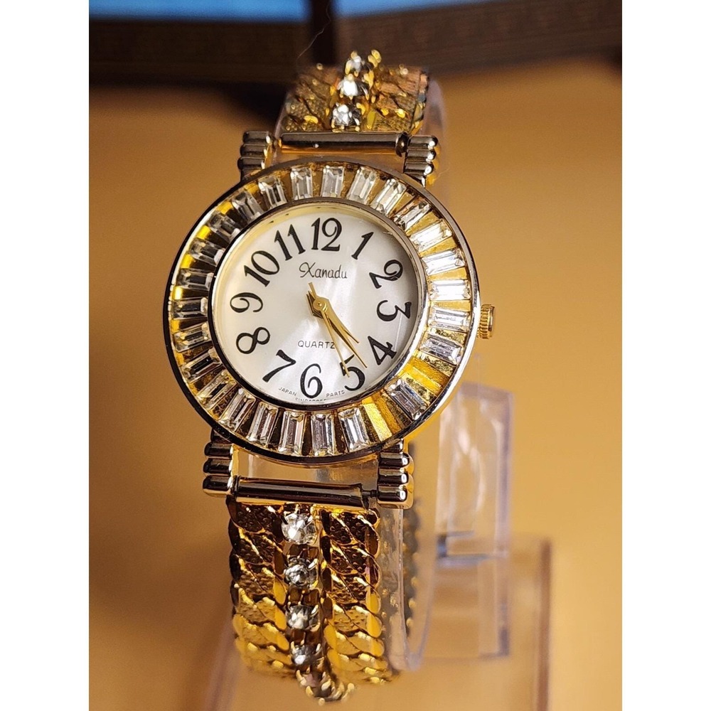 Vtg XANADU "In God We Trust" Gold Tone Patriotic Baguette Crystal Bezel Chains